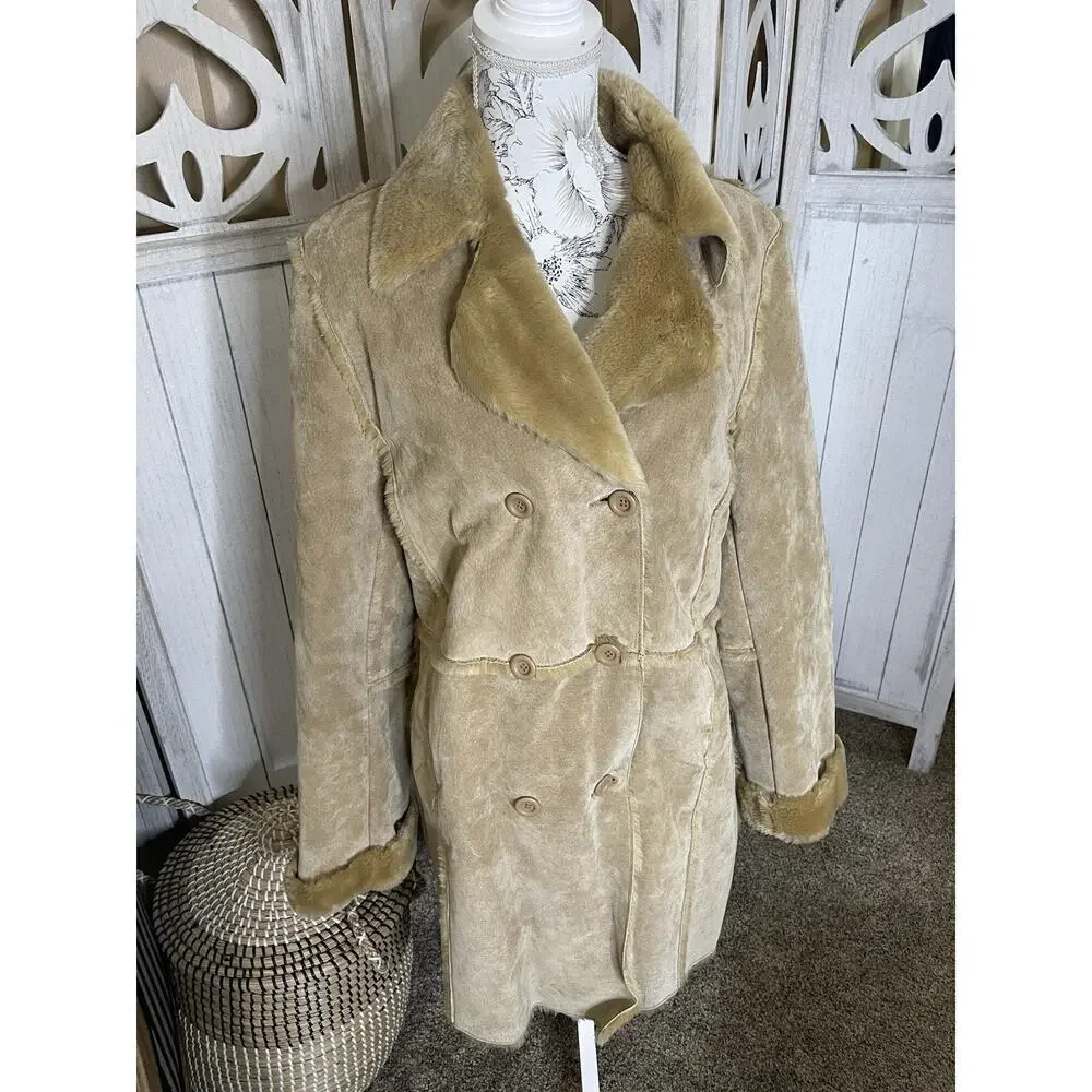 Marvin Richard’s Suede Leather Faux Fur Trim Tan Coat Size Large Y2K Vintage